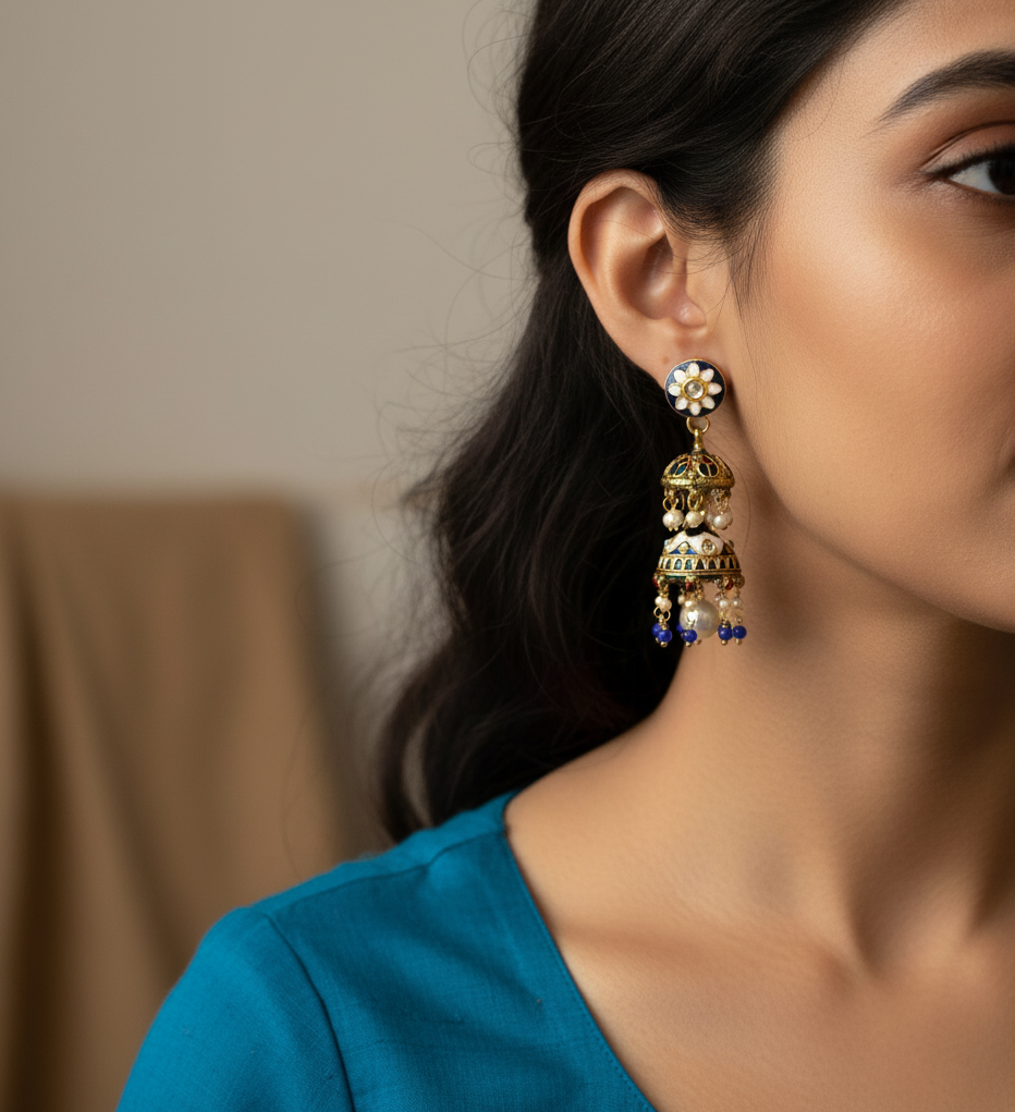 Blue Meenakari Floral Jhumki Pearl Earrings