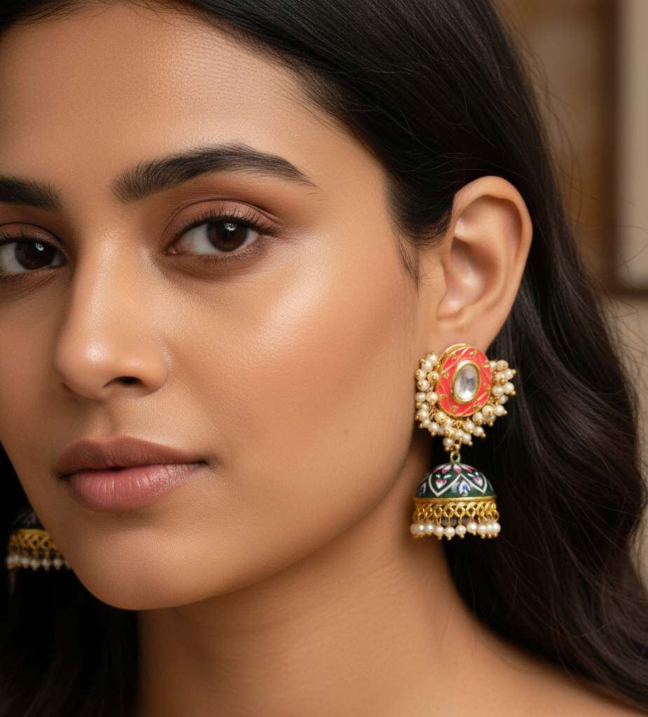 Designer Handpainted Jhumki Kundan Earrings