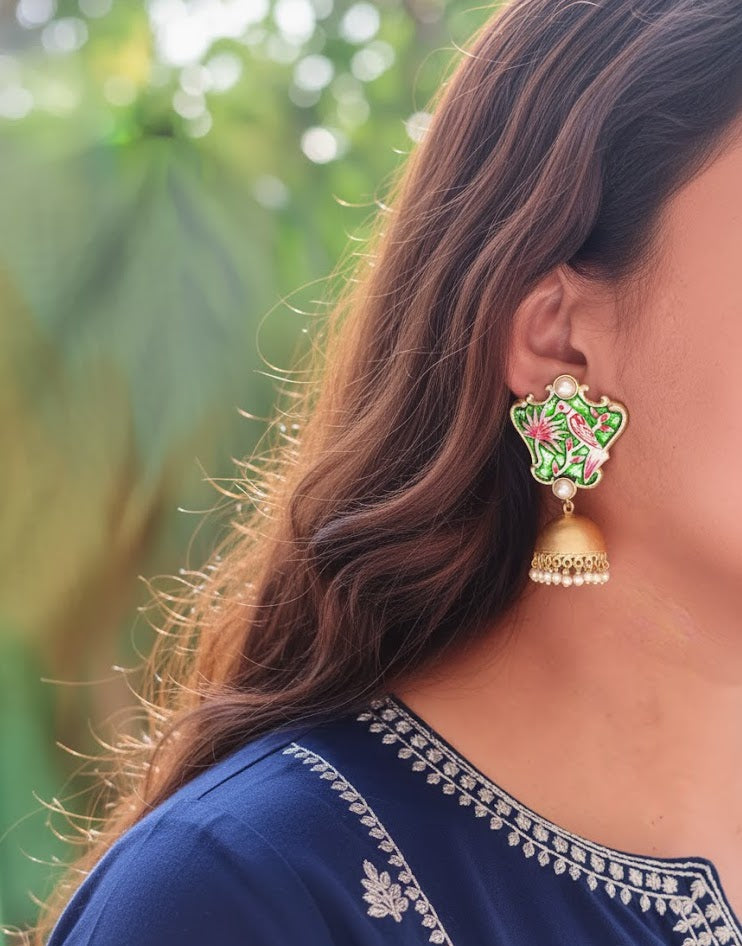 Green Bird Handpainted Jhumki Earrings