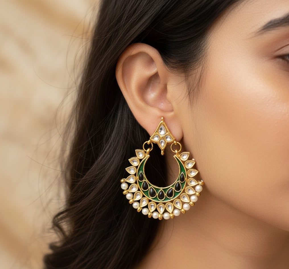 Black Stone Kundan Chandbali Earrings