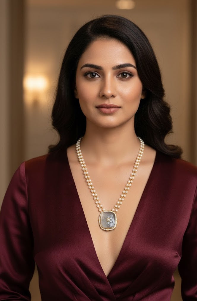 Grey Carving Kundan Stone Small Pearl Layered Necklace