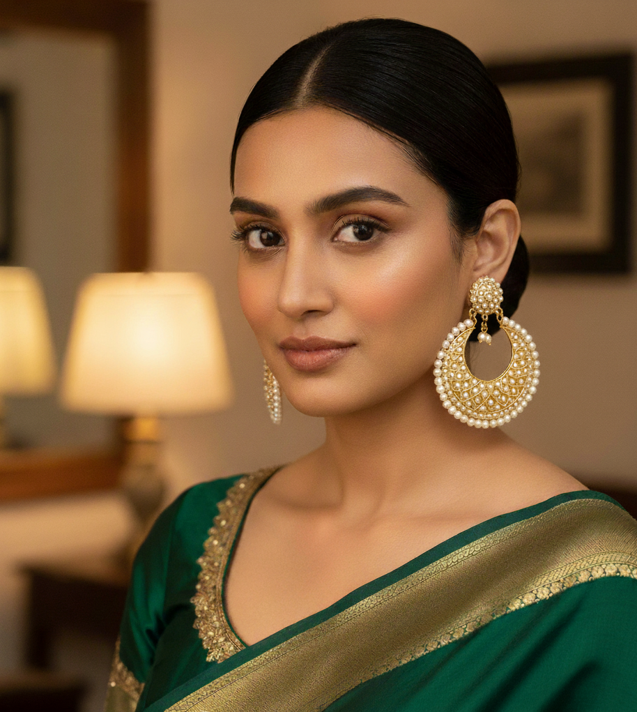 Real Pearl Jadau Chandbali Earrings