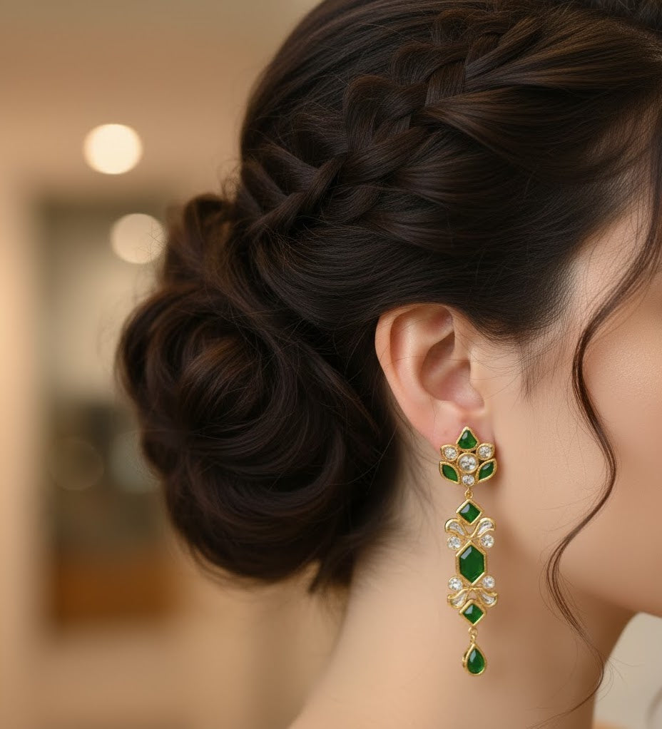 22k Gold Plated Green Stone Long Kundan Earrings