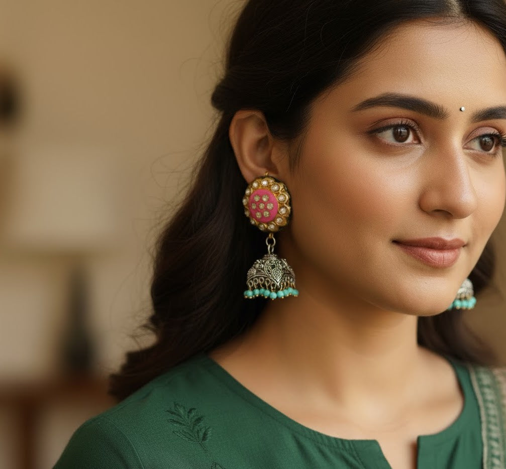 Pink Meenakari Oxidised Silver Jhumki Earrings