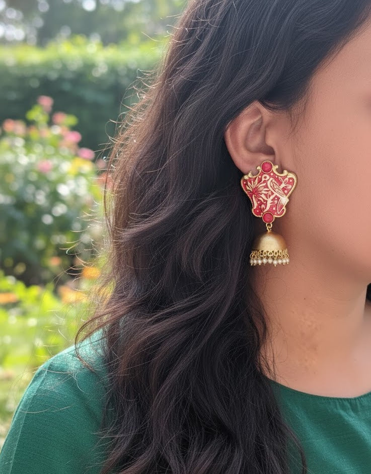 Red Bird Handpainted Jhumki Earrings