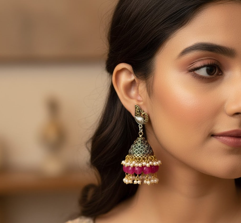 Pink Dual Tone Oxidised Jhumki Earrings