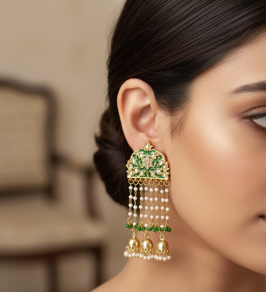 Green Meenakari Long Pearl Jhumki Earrings