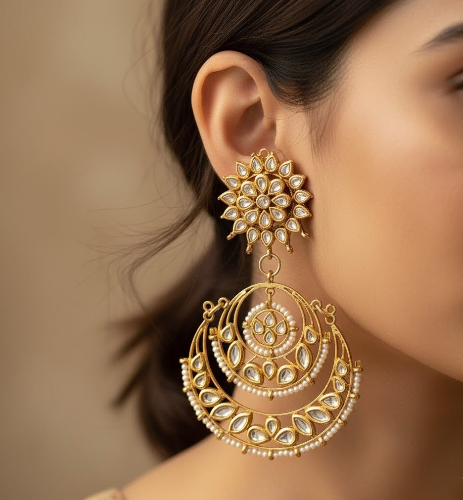 Big Kundan Stone Chandbali Earrings