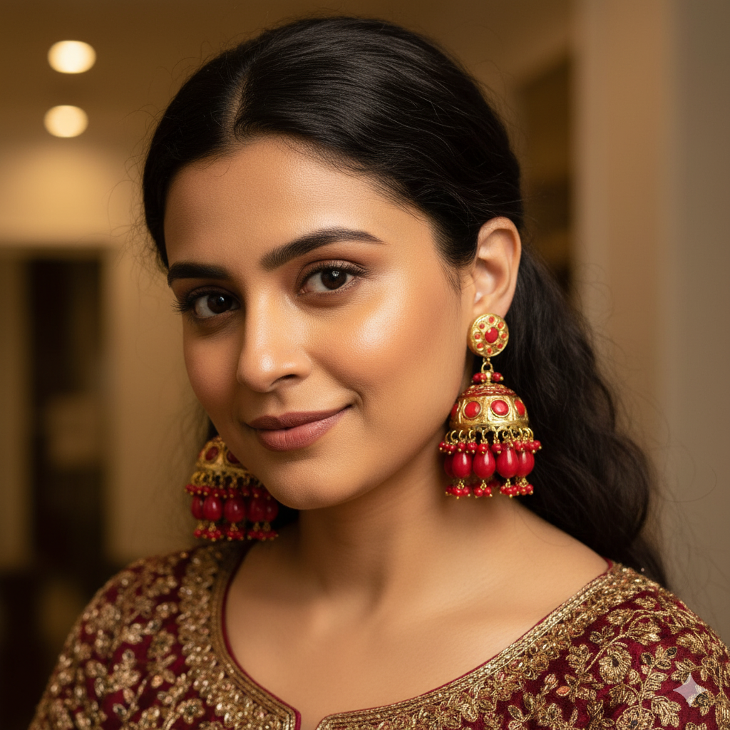 Floral Design Gold Jhumki Statement Earrings