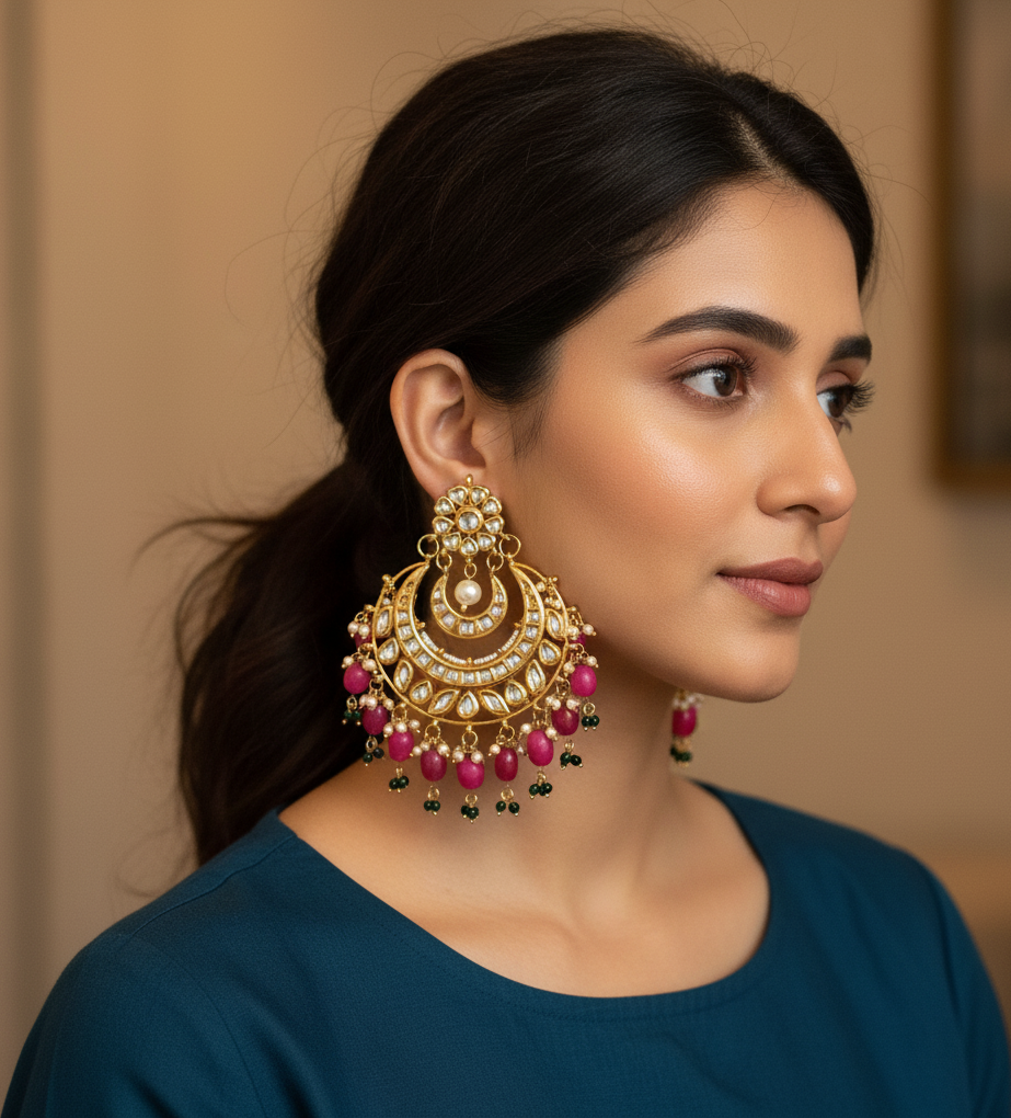 Hot Pink Kundan Oversized Chandbali Earrings