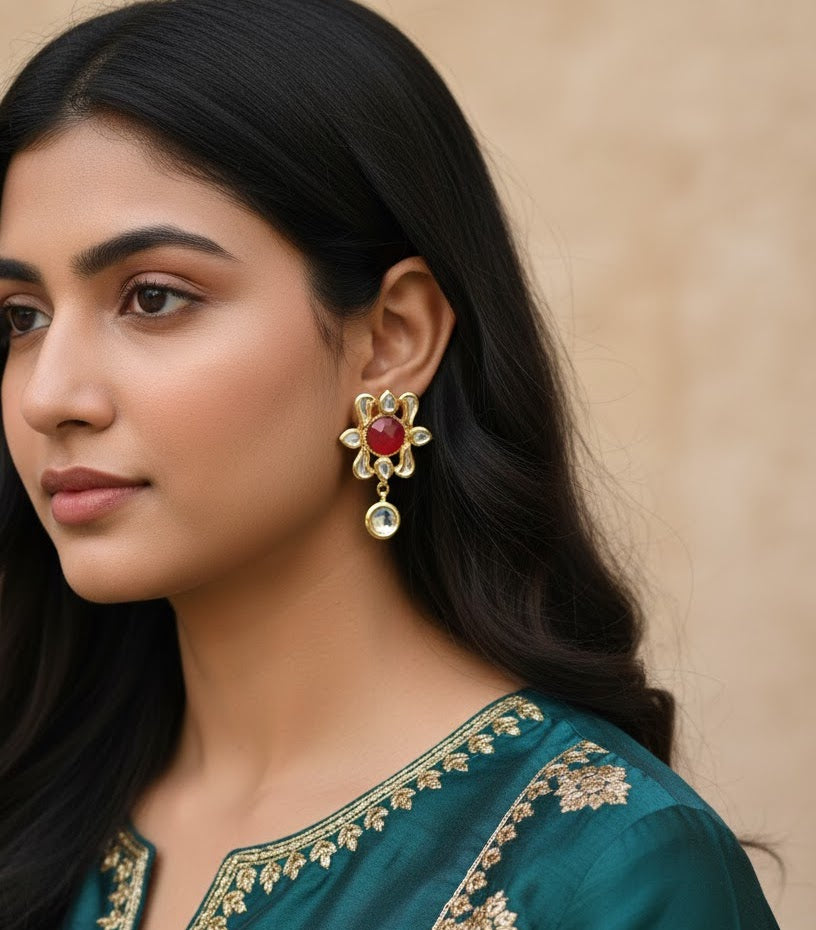 22k Gold Plated Red Stone Kundan Earrings