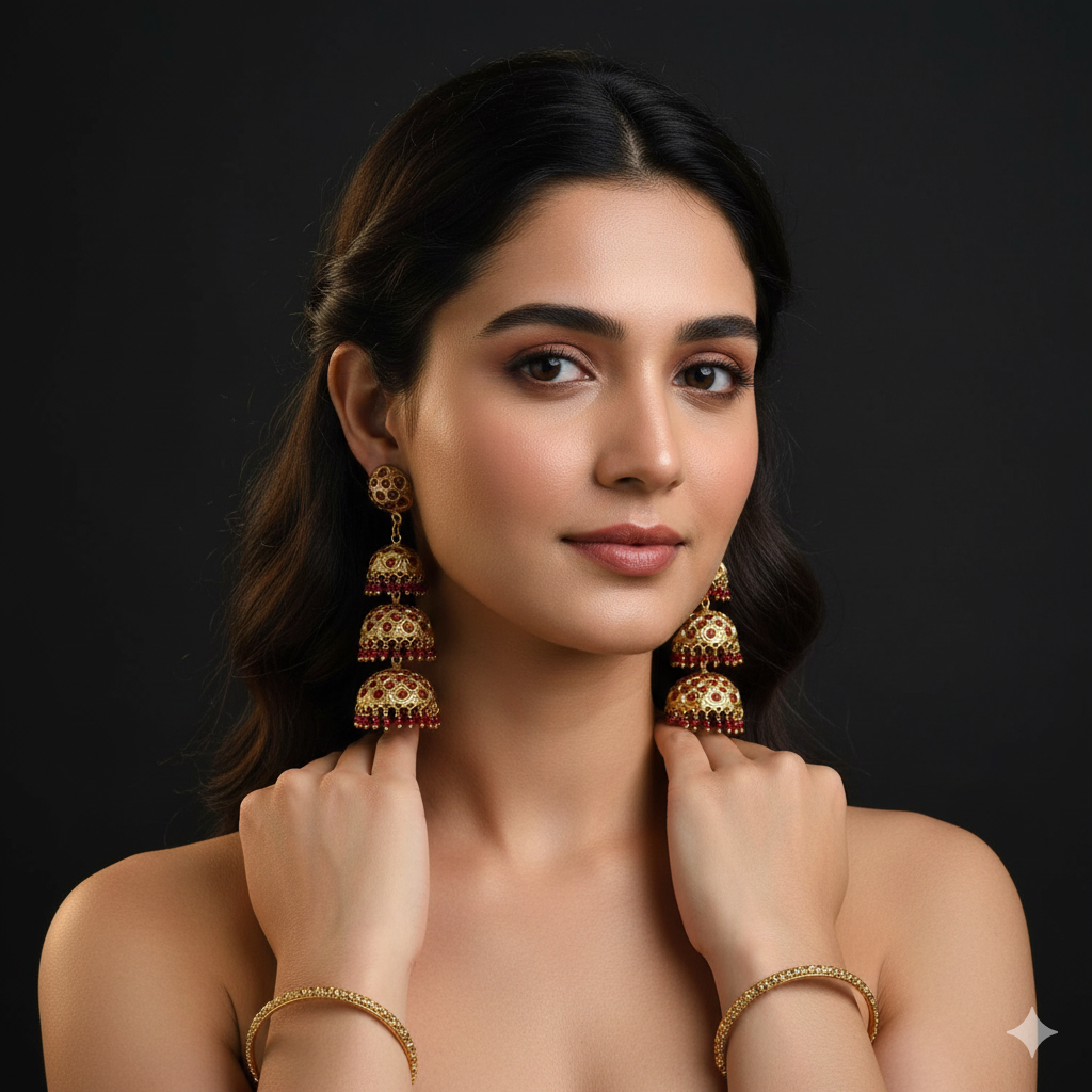 Three Layer Jhumki Ruby Stone Earrings