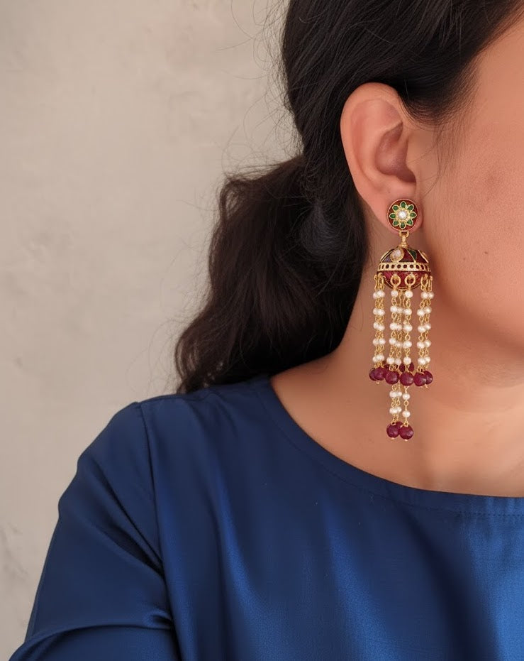 Maroon Meenakari Pearl Jhumki Earrings