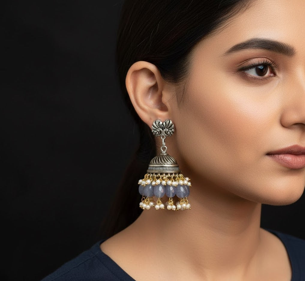 Grey Peacock Dual Tone Oxidised Earrings