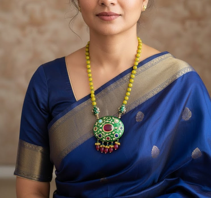 Yellow Meenakari Pendant With Earrings