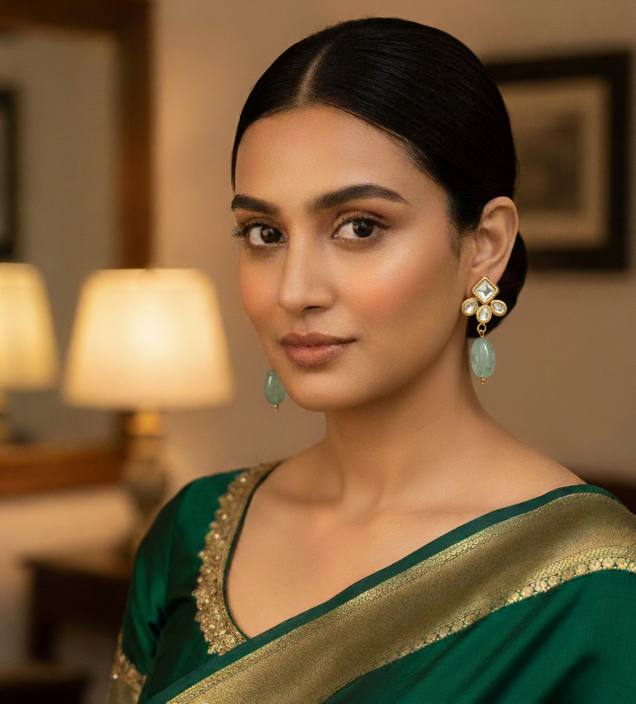 22k Gold Plated Mint Kundan Drop Earrings