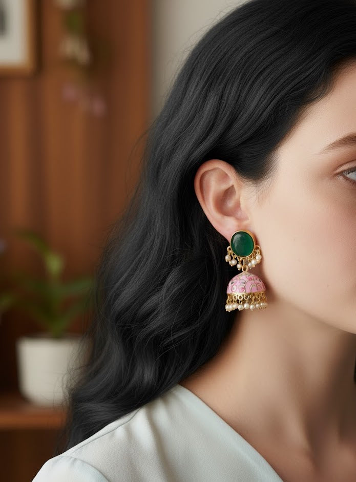Green Stone Pink Handpainted Jhumki Earrings