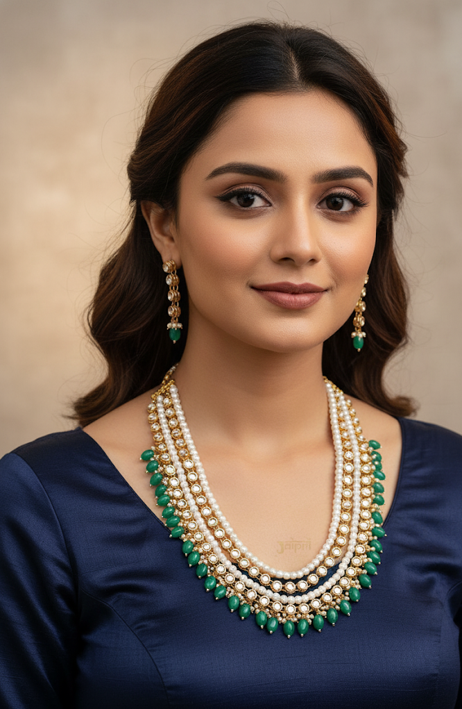 Green Kundan Stone Long Pearl Necklace With Earrings