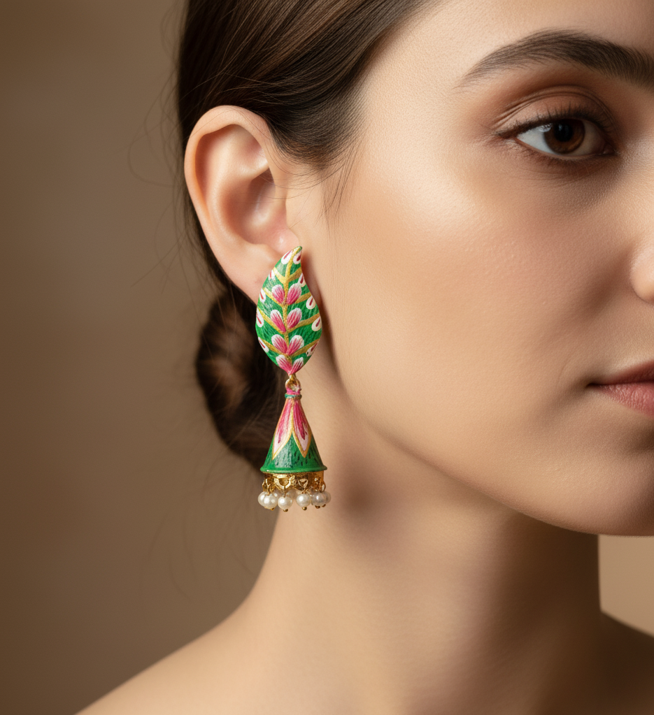 Green Floral Handpainted Jhumki Earrings