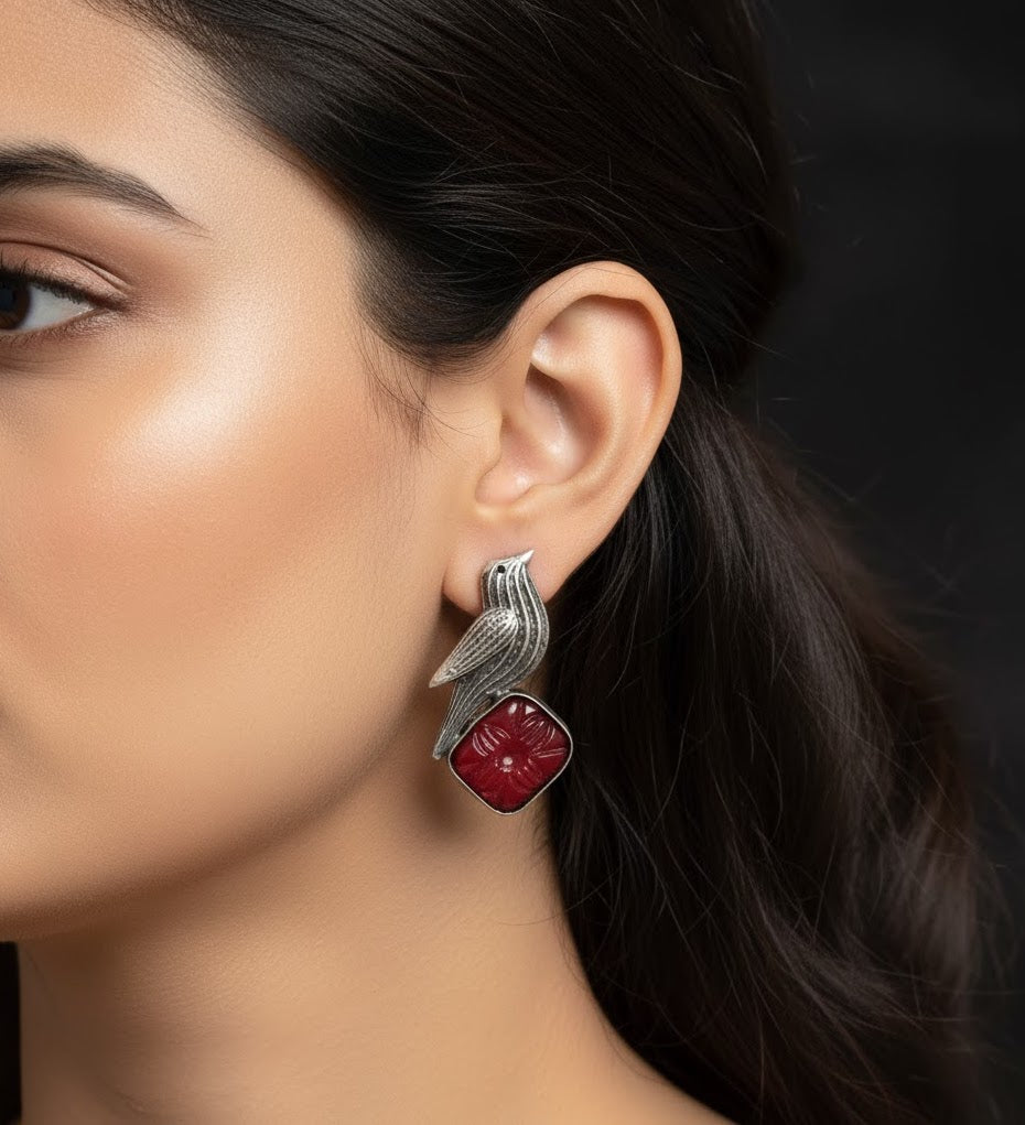 Red Stone Bird Oxidised Earrings