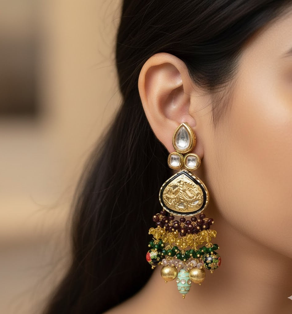 Black Kundan Meenakari Earrings