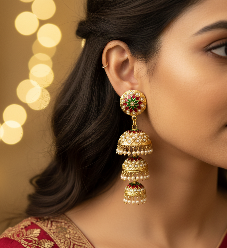 Pearl Meenakari Jadau Jhumki Earrings