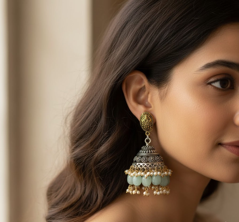 Dual Tone Oxidised Jhumki Earrings