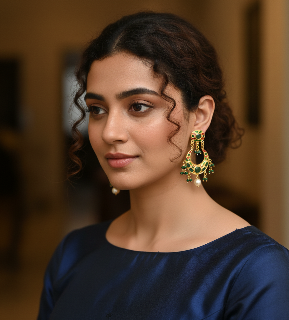 Emerald Stone Jadau Chandbali Earrings