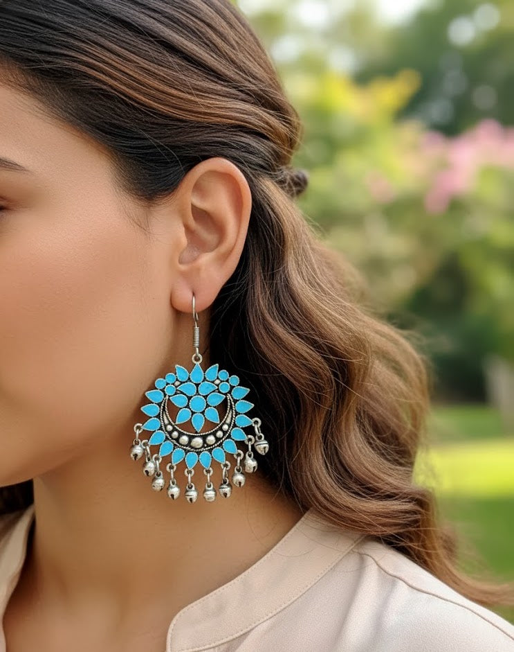 Turquoise Afghani Oxidised Silver Chandbali Earrings