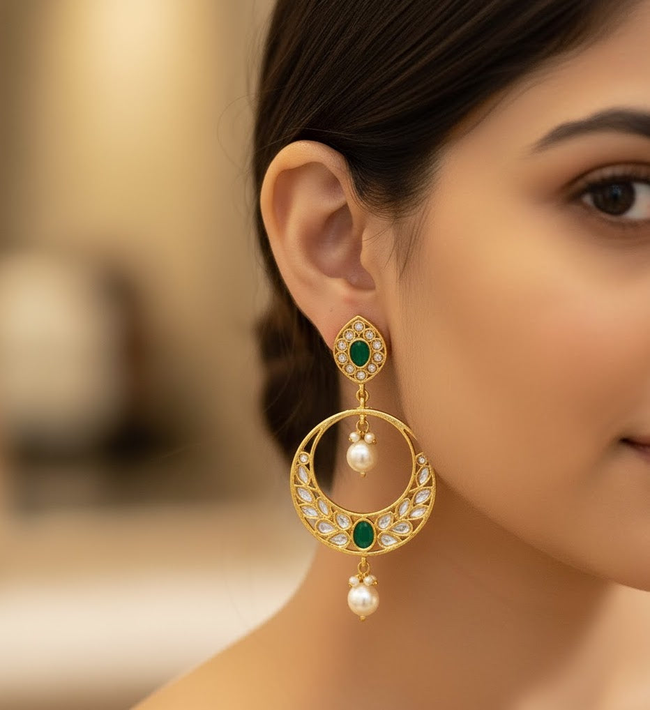 Green Stone Round Kundan Chandbali Earrings