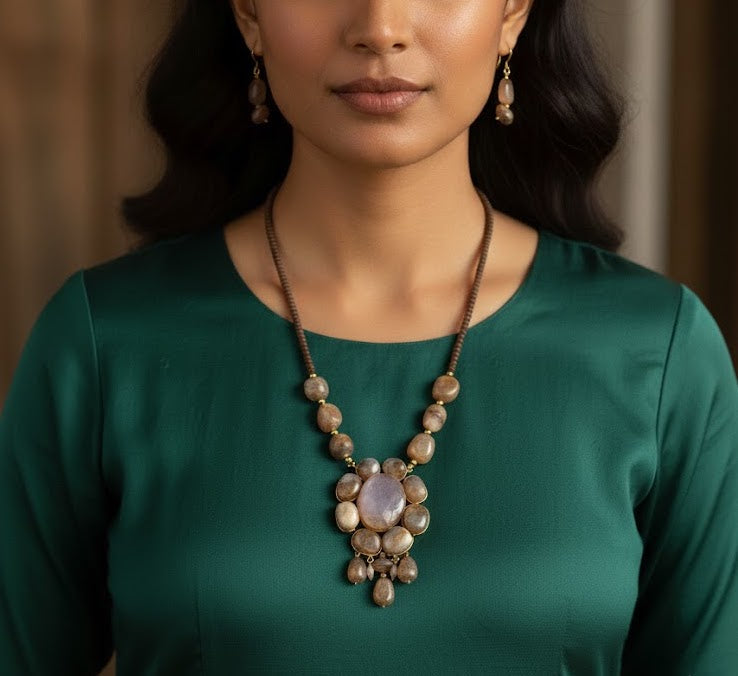 Light Brown Stone Fusion Pendant Set With Earrings