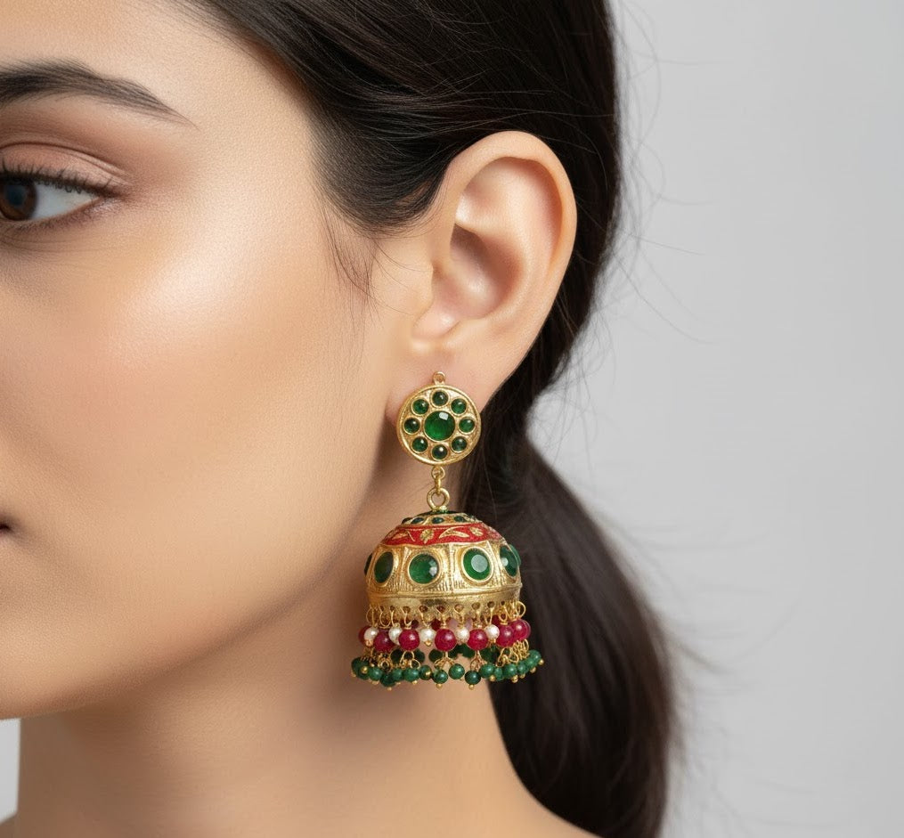Green Stone Jadau Jhumki Earrings
