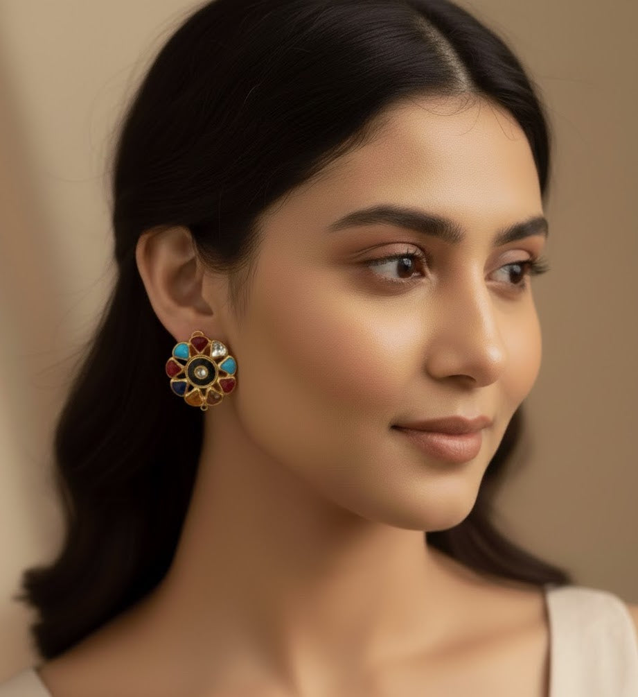 22k Gold Plated Round Navratan Earrings
