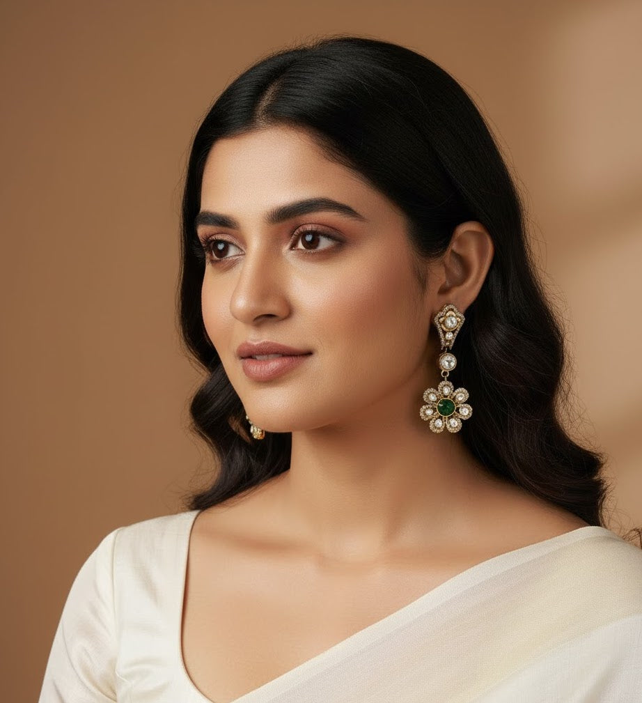 Emerald Stone Kundan Mossianite Stone Earrings