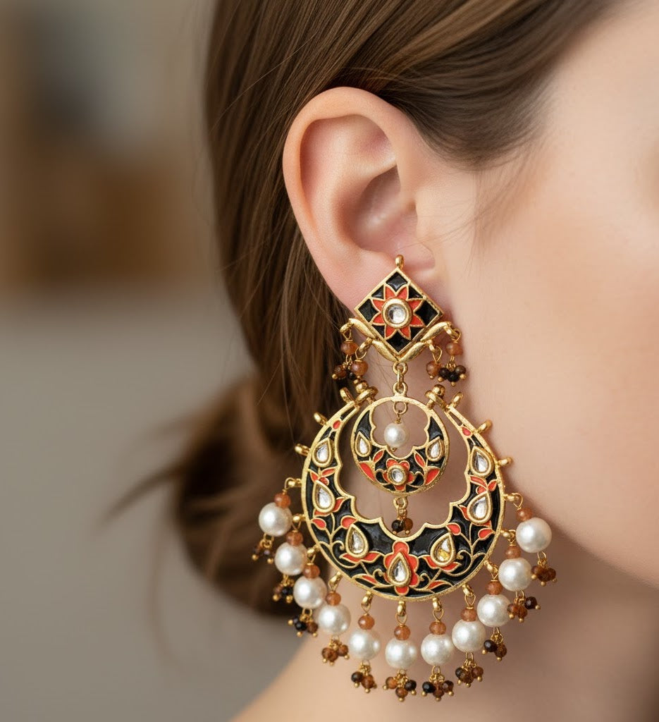 Black Meenakari Chandbali Earrings