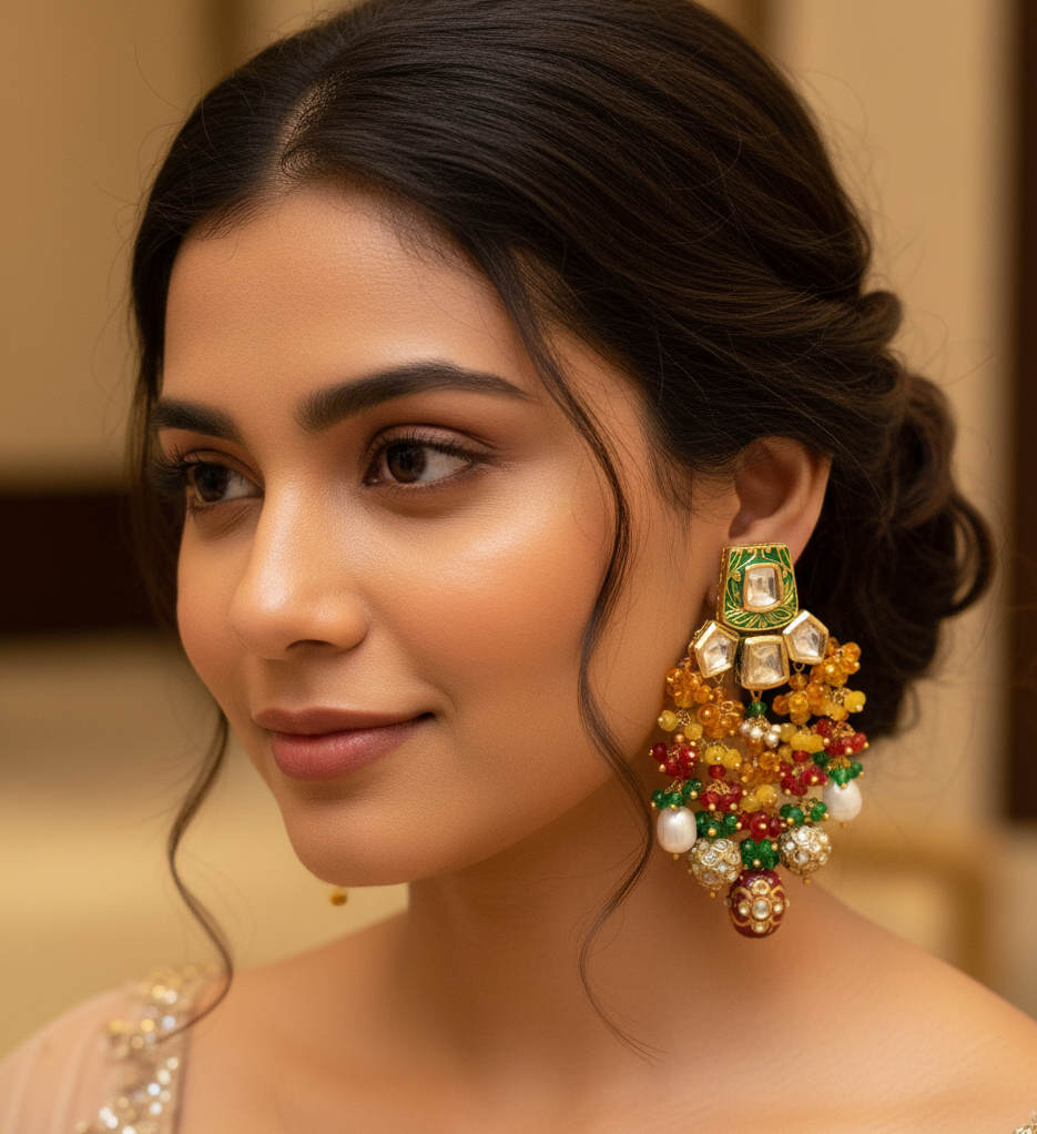 Green Meenakari Long Beaded Earrings