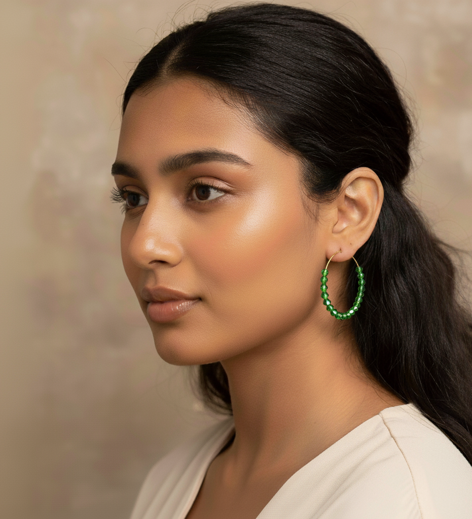 Dark Green Beaded Hoop Earrings