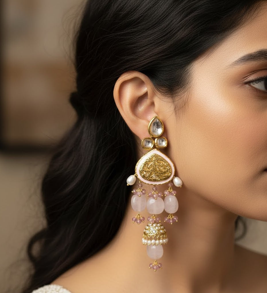 Rose Quartz Kundan Meenakari Earrings