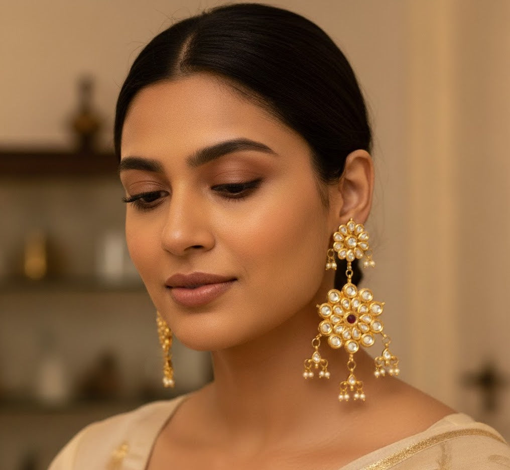 Floral Long Kundan Earrings