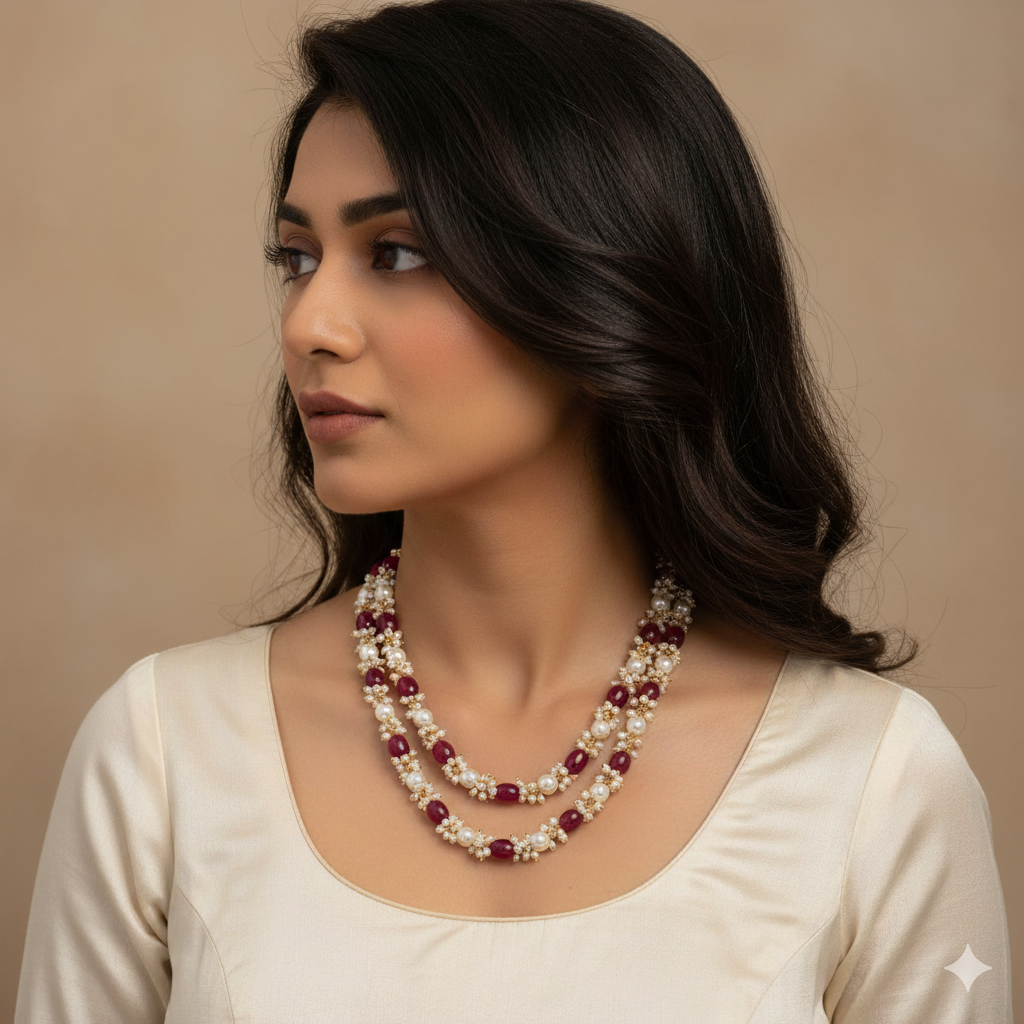 Stone and Pearl Beads Long Necklace