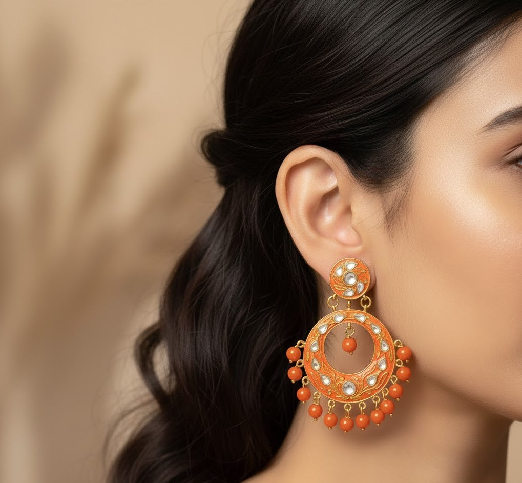 Orange Meenakari Chandbali Earrings