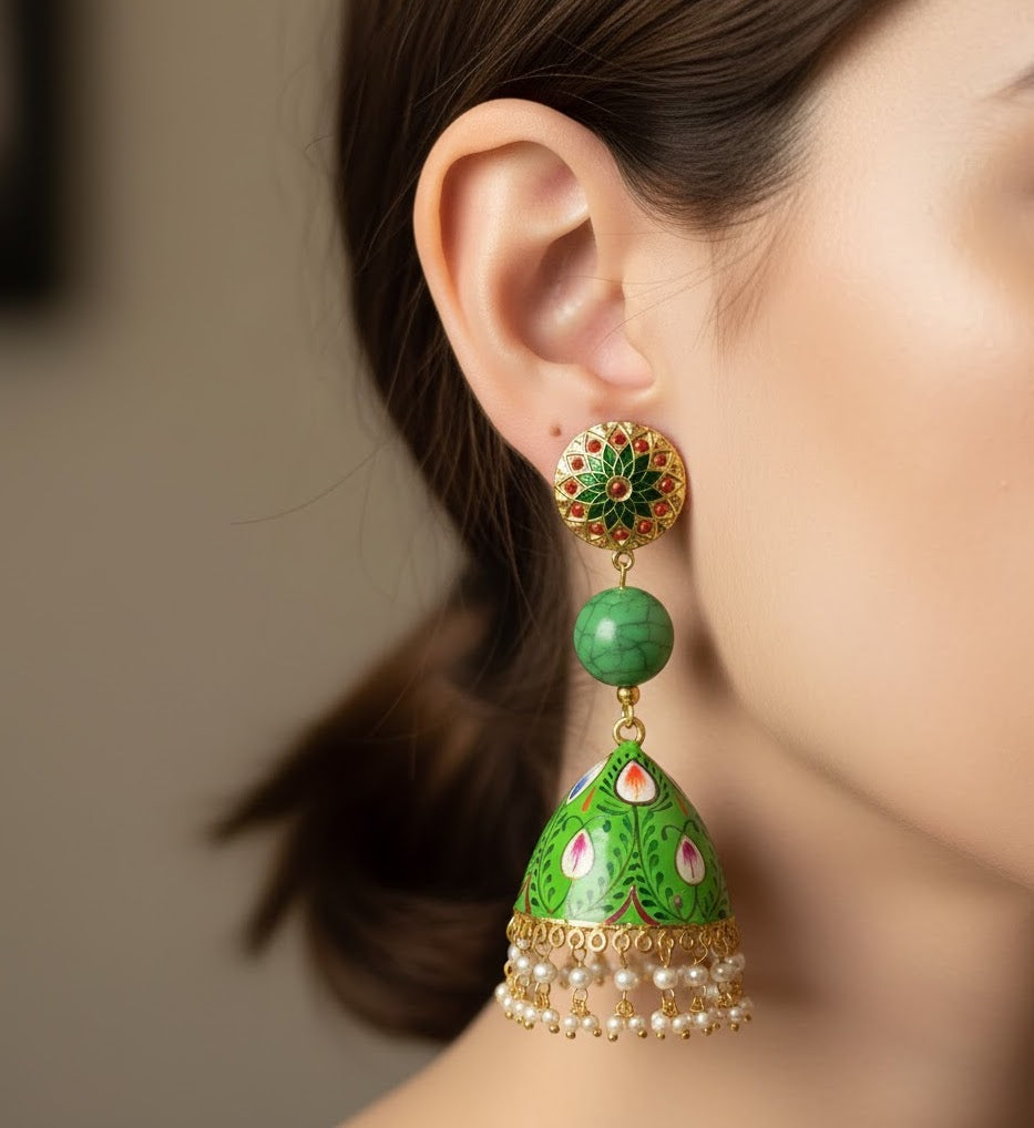Green Handpainted Jadau Jhumki Earrings