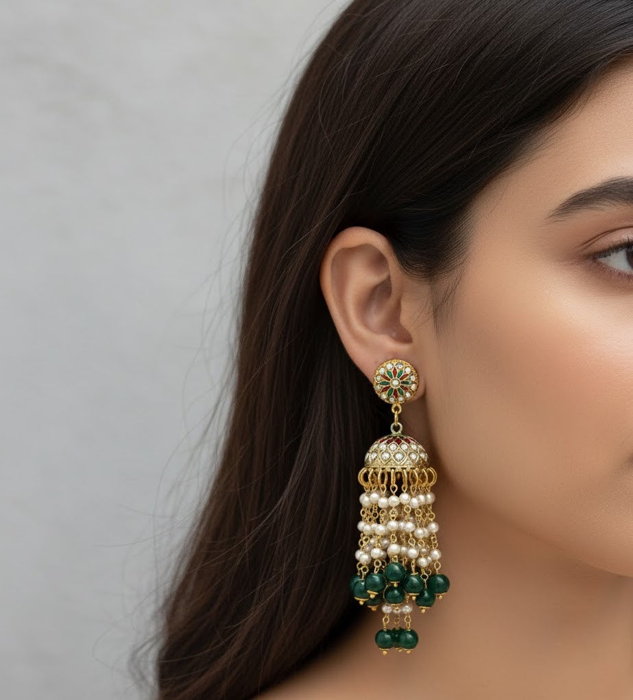 Real Pearl Beaded Jadau Earrings