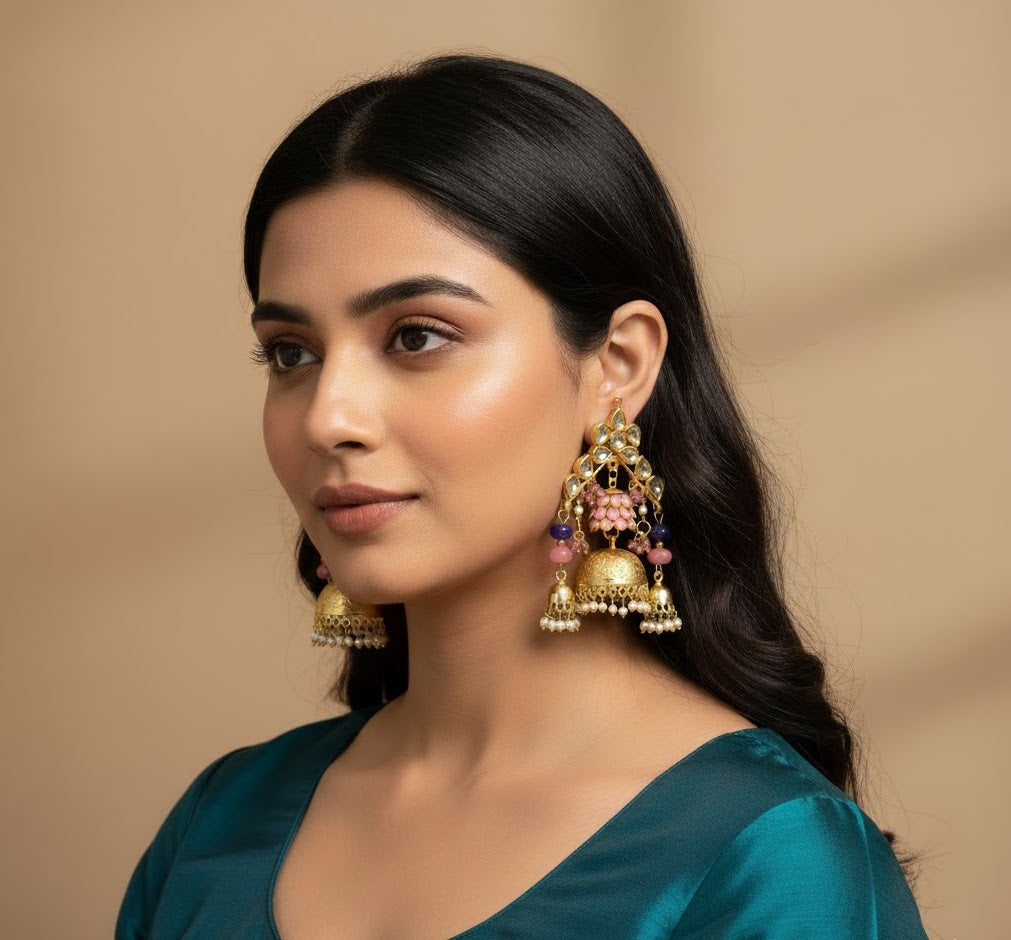 Pink Paachi Kundan Jhumka Earrings