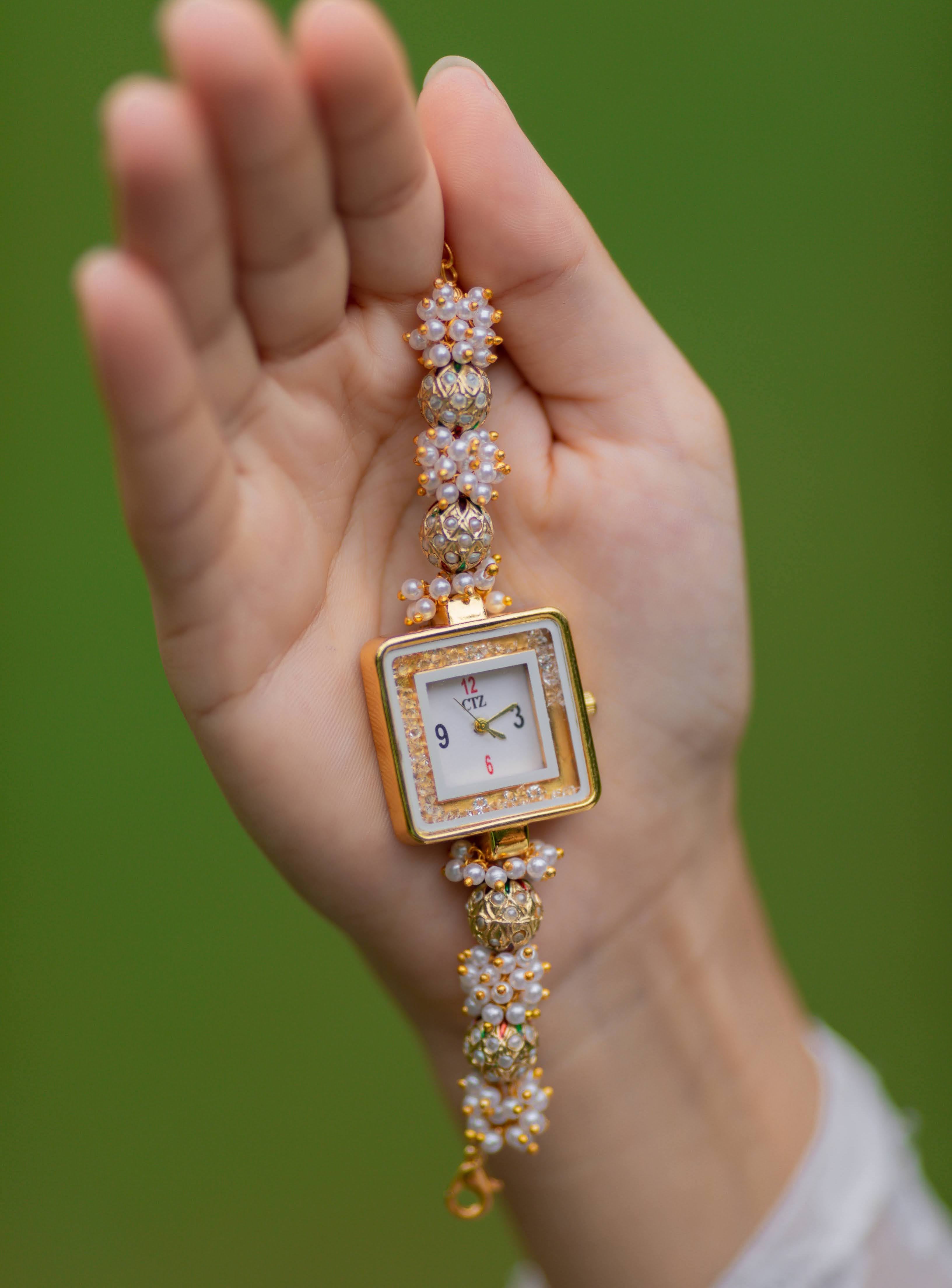 Real Pearl Jadau Beads Wrist Watch