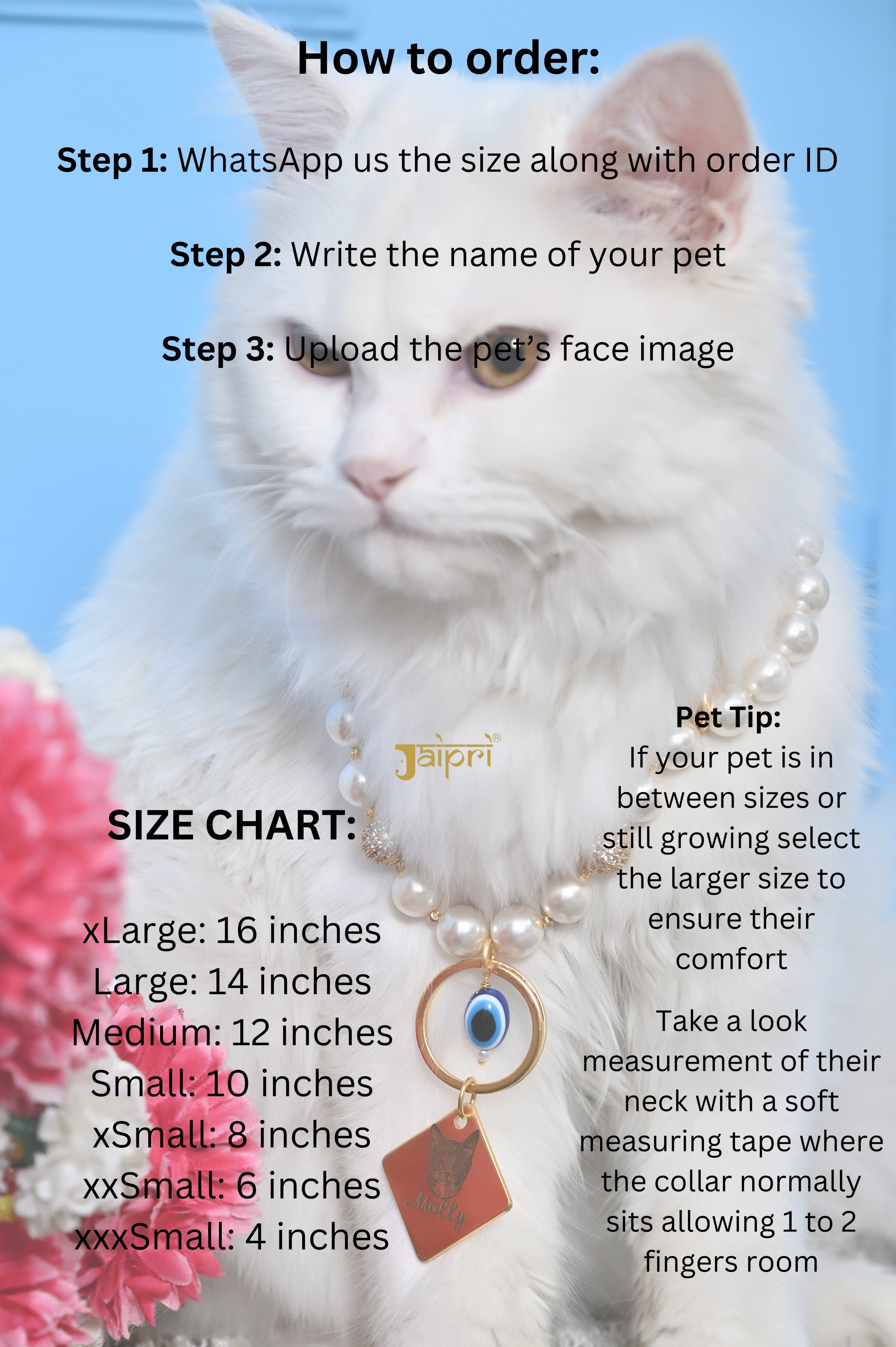 Custom Cat Name and Image Pearl Collar Pet Jewelry Gift