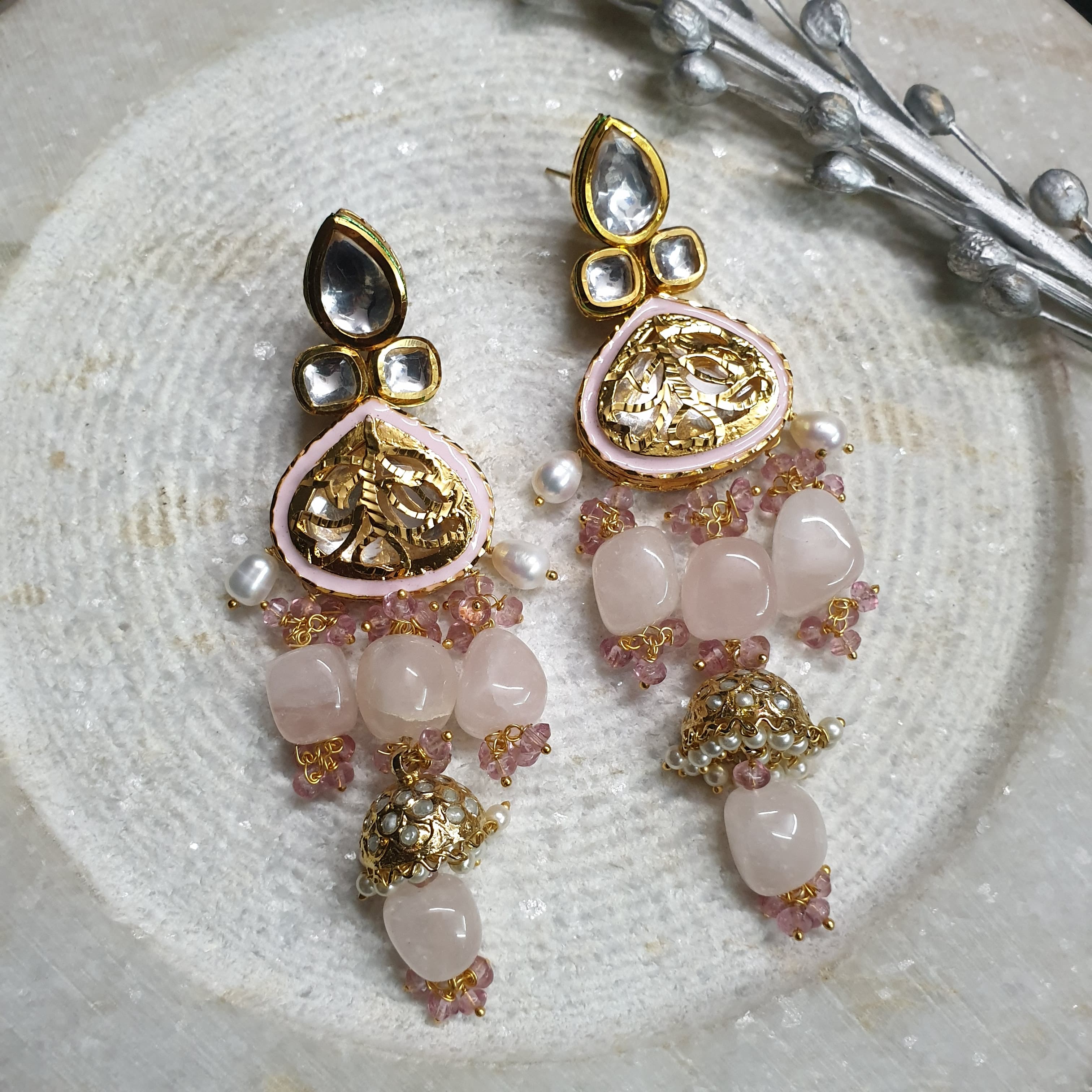 Rose Quartz Color Kundan Party Wear Earrings