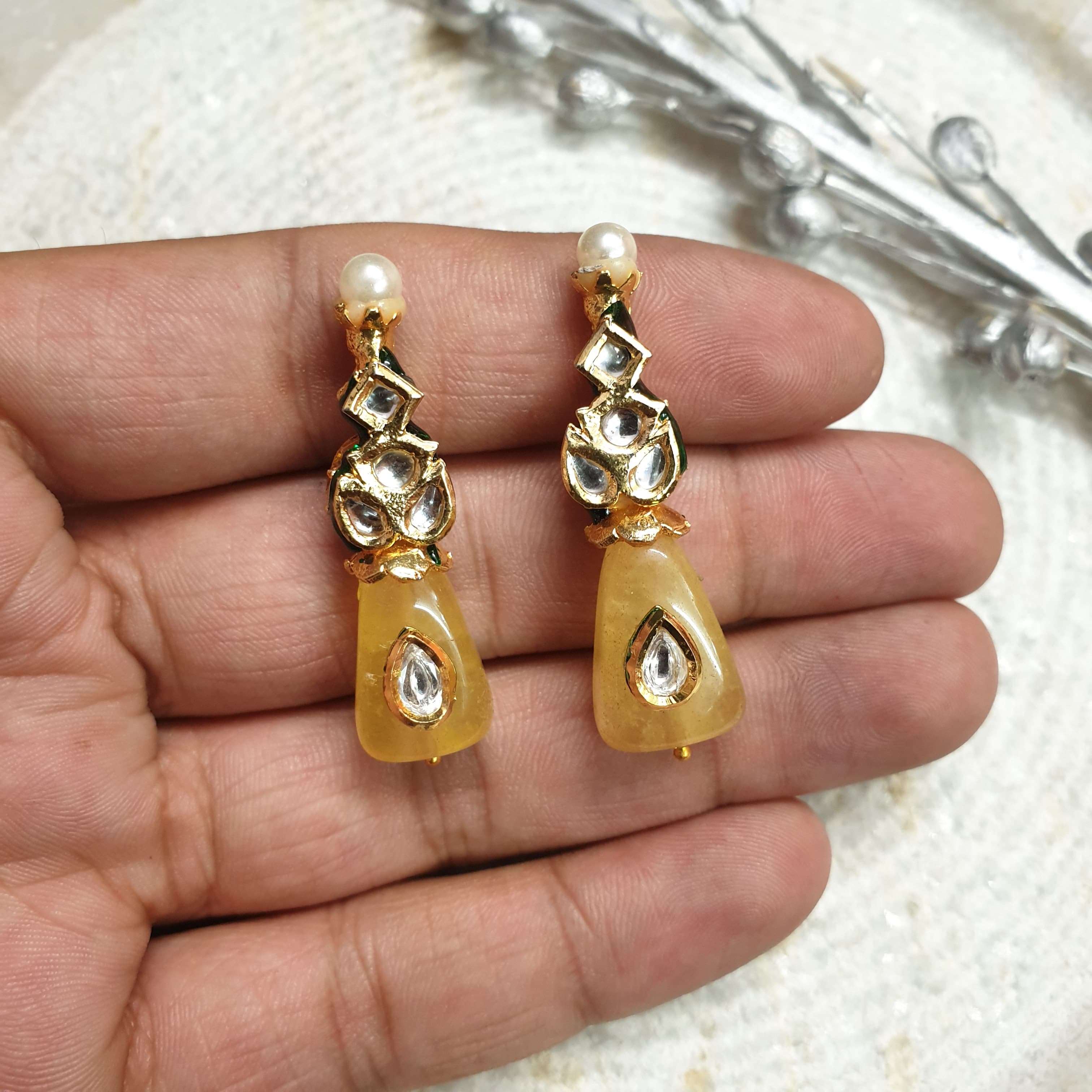 Yellow Stone Kundan Small Earrings