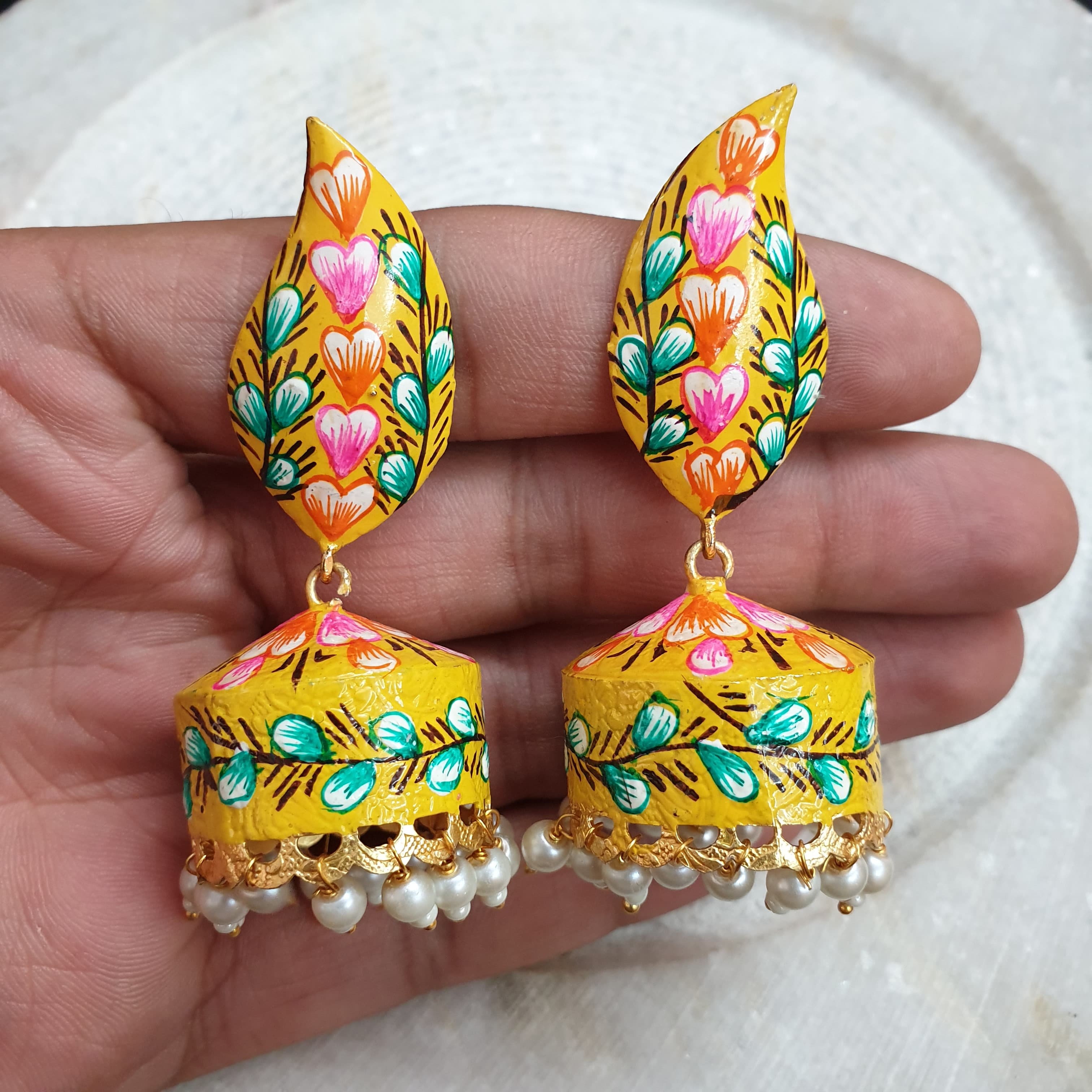 Yellow Handpainted Jhumki Earrings