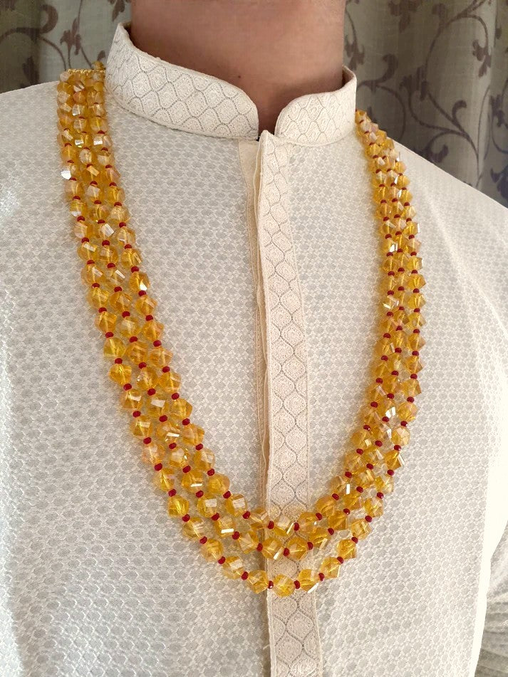 Yellow Stone Three Layered Beads Groom Necklace For Sherwani